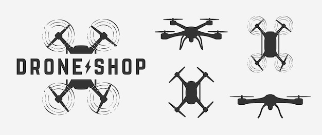Poster del logotipo de la tienda de drones Iconos de drones Colección de 4 drones aislados en fondo blanco