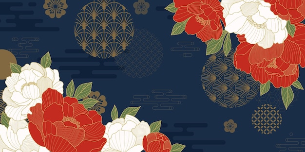 póster de lujo chino con flores de peonía oriental hojas y patrones de fondo vectorial asiático de