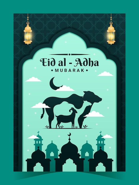 Vector poster de lujo de eid al adha con fondo islámico con mezquita y linterna