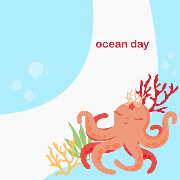 Un póster de mar colorido para niños con plantas submarinas, algas, coral y pulpo plano.