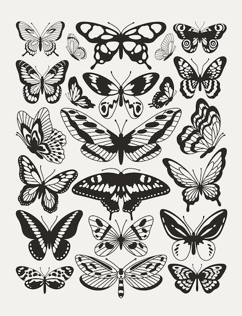 Vector póster de mariposas con alas en blanco y negro al estilo de líneas onduladas estética y2k