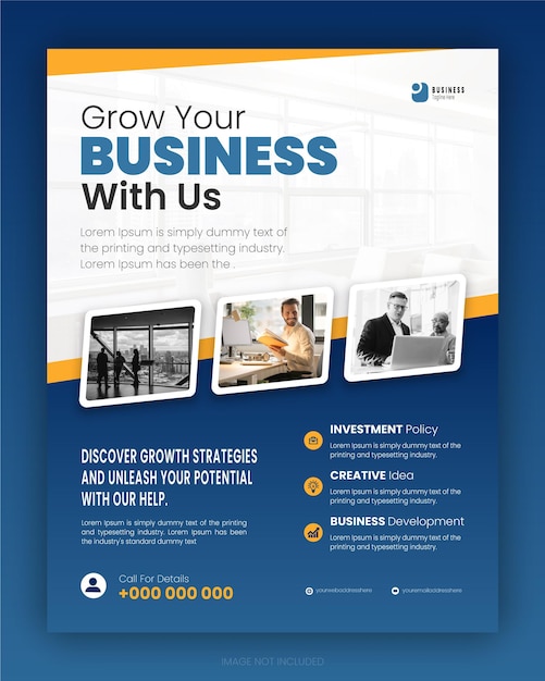 Poster de marketing digital en forma azul amarilla para la promoción de negocios corporativos