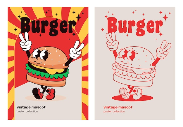 El póster de la mascota de la vintage Groovy Burger Halftone