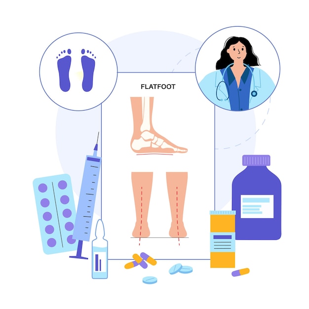 Poster médico de pies planos Condición anormal del arco de los pies supinación Problema de equilibrio corporal Concepto de pie plano Tratamiento diagnóstico de patología del tobillo en la clínica de podología Ilustración vectorial plana médica