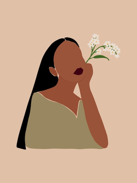 Póster minimalista boho moderno con mujer negra y ramo de flores silvestres para imprimir póster impreso