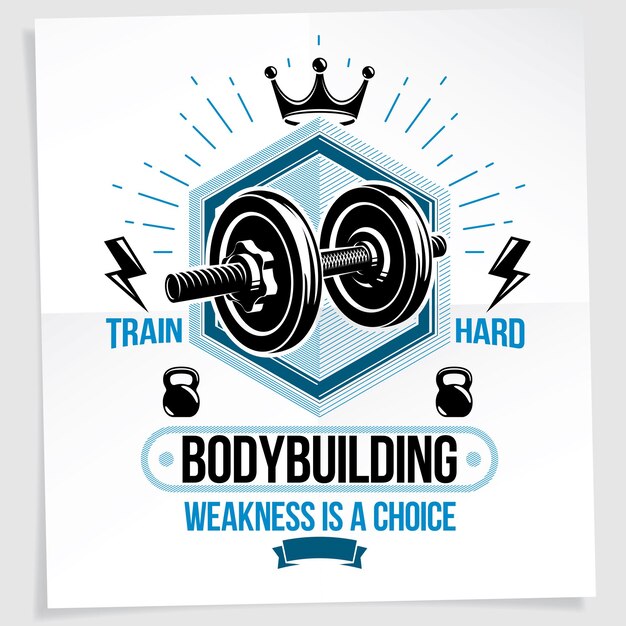 Poster de motivación vectorial de levantamiento de pesas compuesto utilizando equipo deportivo de pesas de disco y campana de calderas. La debilidad es una letra de elección.