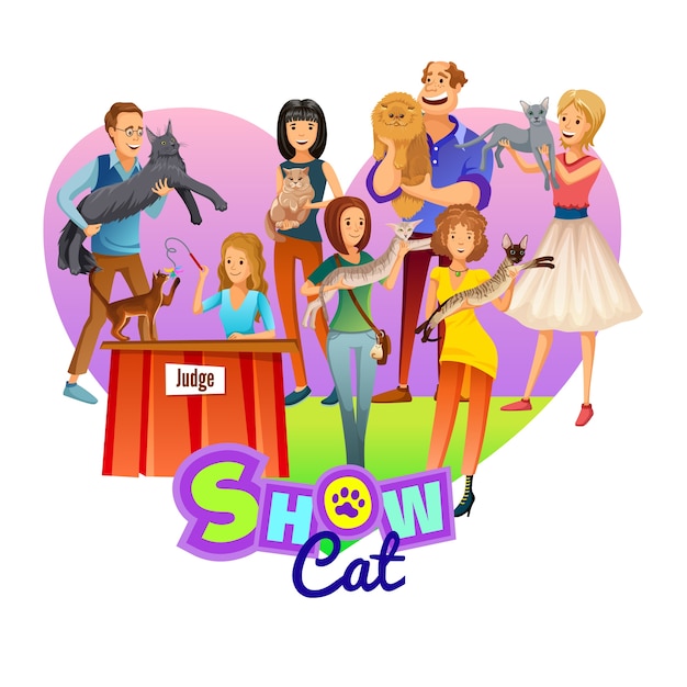 Póster muestra gatos. gente de dibujos animados con mascota.
