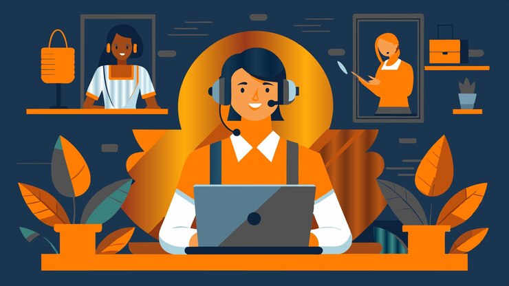Vector un póster de una mujer con auriculares y una computadora portátil