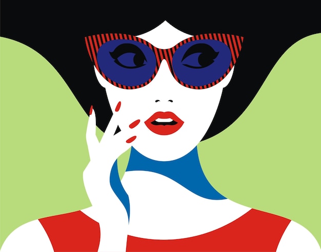 Vector un póster de una mujer con gafas y una camiseta roja y azul