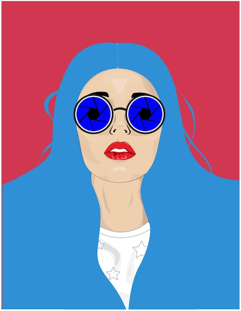 un póster de una mujer con gafas de sol y un sombrero azul con un fondo rojo