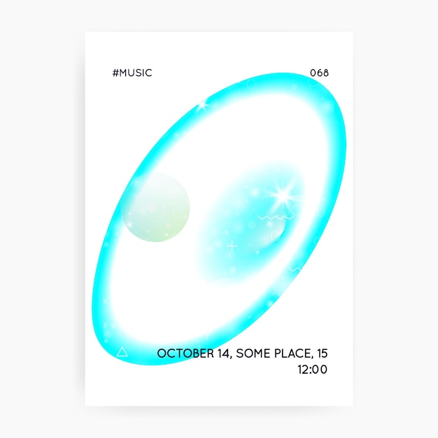 Póster musical. Diseño de folleto abstracto para techno show. Sonido electronico. Vacaciones de baile de estilo de vida nocturno. Línea y forma de degradado holográfico fluido. Cartel de música y volante para el festival de verano.