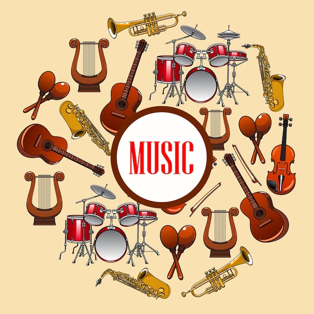 Póster musical Instrumentos musicales de viento y cuerdas.