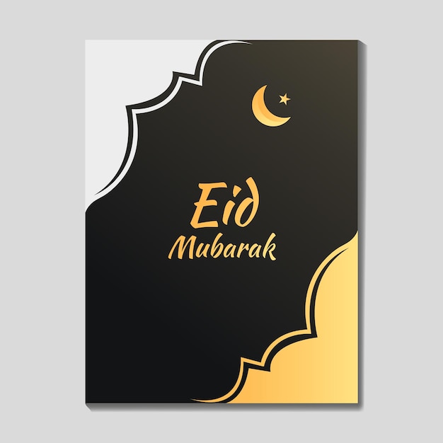 Vector un póster negro y dorado para eid mubarak con luna y estrellas.