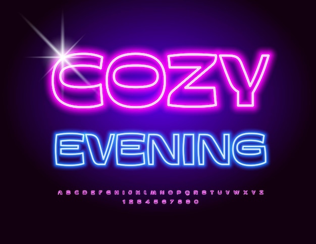 Poster de neón vectorial Acogedora noche brillante fuente brillante elegante alfabeto rosado letras y números