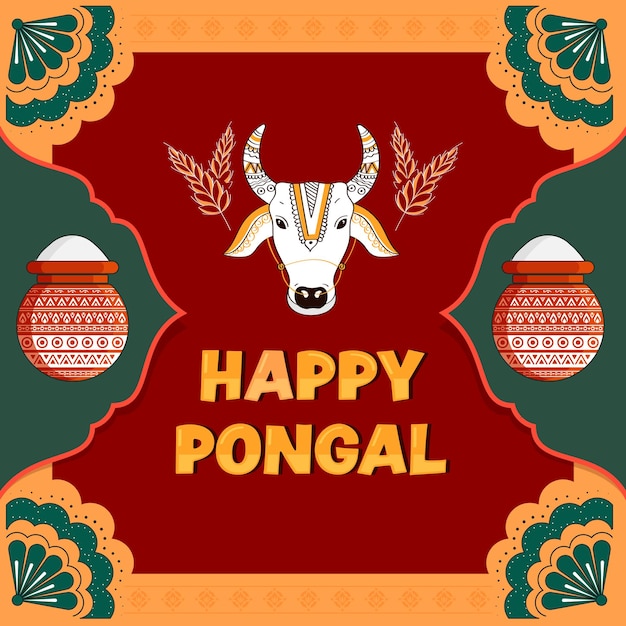 Poster o diseño de tarjeta de Pongal feliz con personaje cara de vaca o toro orejas de trigo ollas de barro potes llenos de grano en fondo floral amarillo y rojo