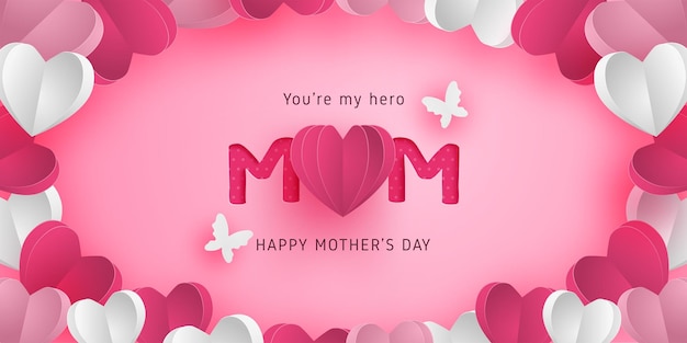 Poster o pancarta de feliz día de la madre con forma de corazón en estilo de corte de papel Arte de papel de artesanía digital