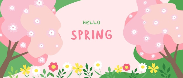Poster o tarjeta horizontal de saludo a la primavera para las vacaciones de primavera con flores silvestres y árboles en flor