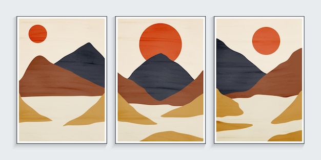 Póster de paisaje contemporáneo con montaña y sol en acuarela.