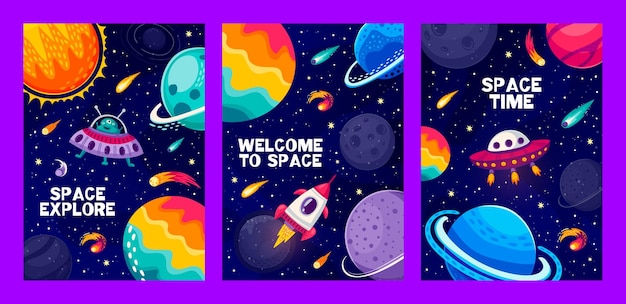 Vector poster de paisaje espacial de dibujos animados cohete alienígena ovni