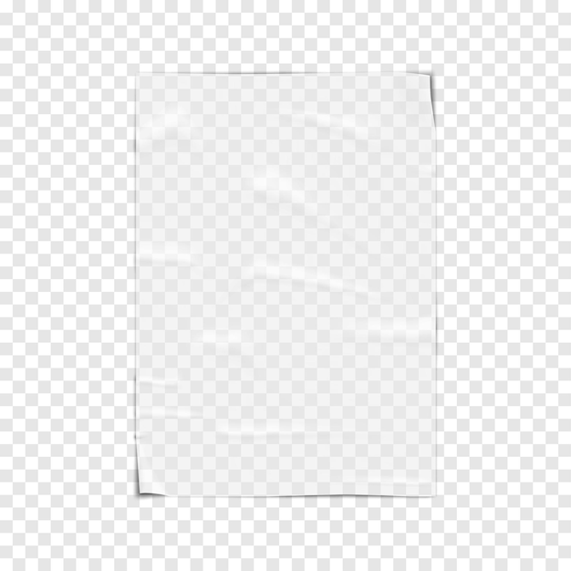 Vector póster de papel arrugado transparente pegado en la pared en blanco con esquinas despegadas sobre fondo transparente