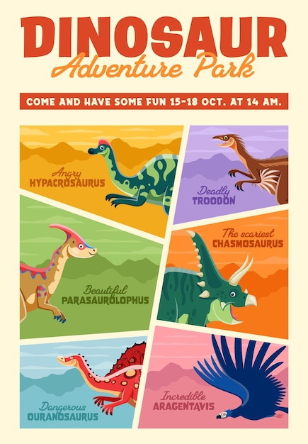 El póster del parque de atracciones de aventuras de dinosaurios