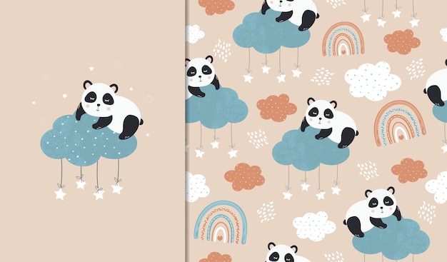 Un póster y un patrón sin costuras con un lindo panda en una nube ilustración infantil vector