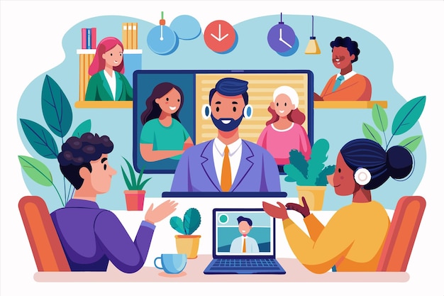 un póster de personas en una habitación con un hombre en la pantalla y una computadora portátil