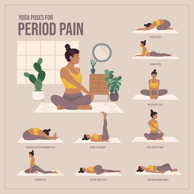 Un póster de una pose de yoga para el dolor menstrual