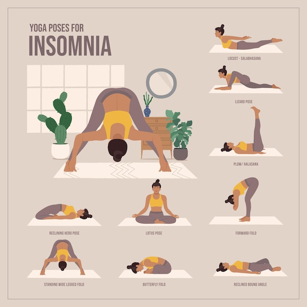 Vector un póster de posturas de yoga para el insomnio.