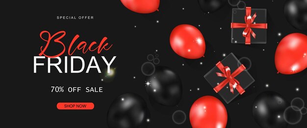Poster de promoción de la venta del viernes negro con globos brillantes y cajas de regalos de compras de venta y descuento