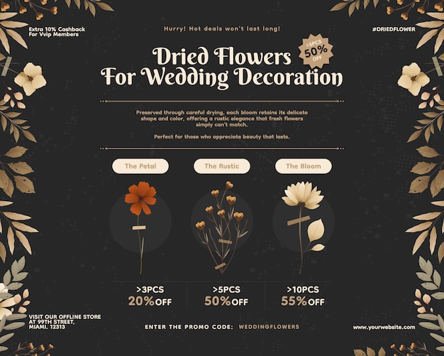 Poster promocional de decoración de bodas de flores secas