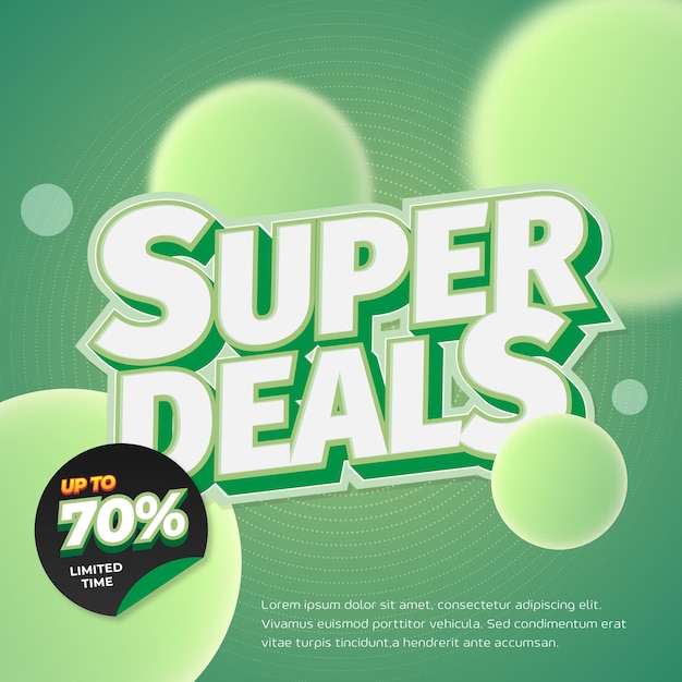 Poster promocional de eventos de descuento de súper ofertas con tipografía en negrita 3D y tema de gradiente verde