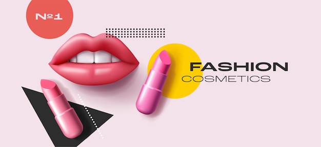 Poster promocional de lápiz labial con ilustración 3D de labios femeninos y tubos de lápicabos en un telón de fondo geométrico gráfico banner de moda moderno y maquillaje de cosméticos