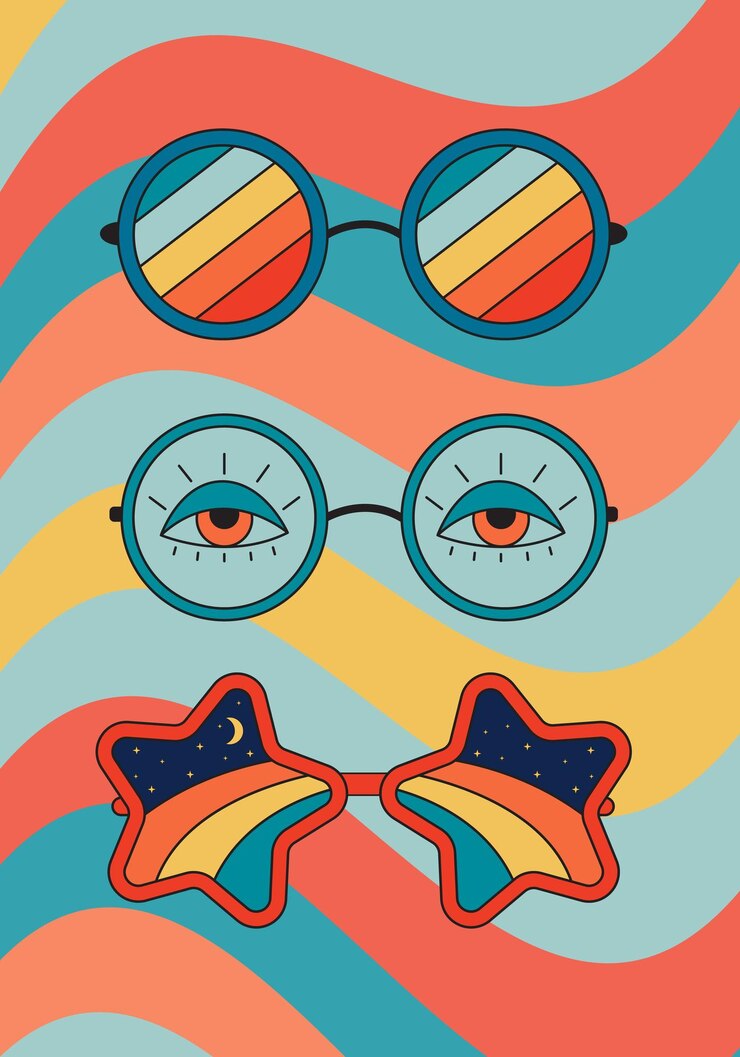 Vector póster psicodélico de los años 70 con gafas de sol abstractas estampado de gafas retro groovy