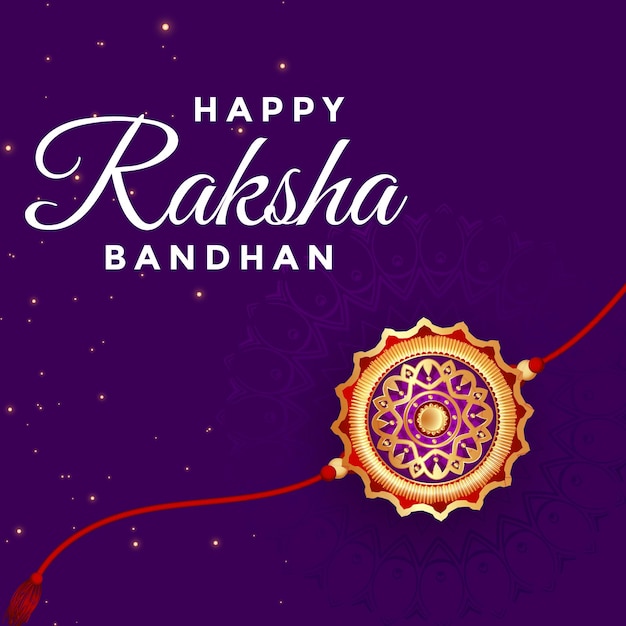 Un póster púrpura de la celebración de Happy Raksha Bandhan con un hermoso Rakhi