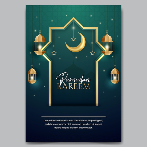 Poster de ramadan kareem con adorno islámico ilustración de estrellas de linterna de luna media