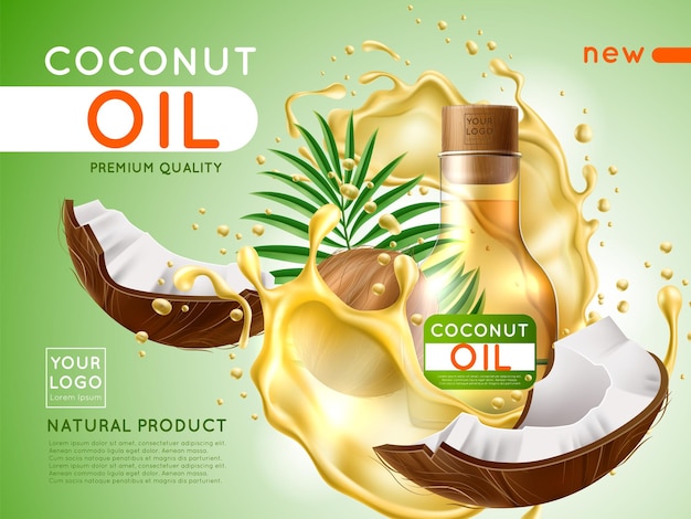 Poster realista de aceite de coco Serum de cuidado líquido para el cabello y el cuidado de la piel Producto de vidrio botella transparente con piezas de nueces y salpicaduras Banner promocional de marketing concepto vectorial utter