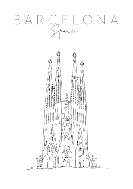 Póster sagrada familia letras barcelona españa dibujo en estilo de línea de lápiz sobre fondo blanco