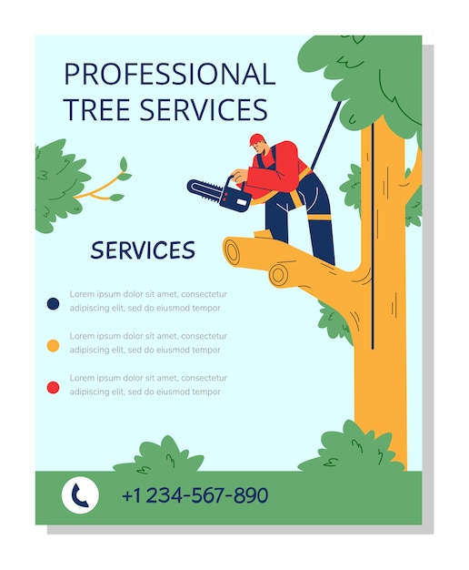 Póster sobre la ilustración de vector de estilo plano de servicios profesionales de árboles