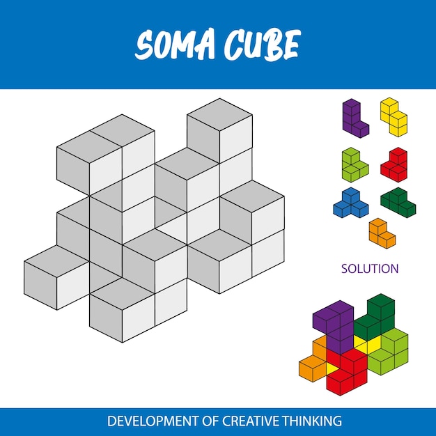 Un póster de soma cube muestra un cubo y una solución.