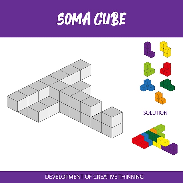 Vector un póster de soma cube muestra un cubo y una solución.