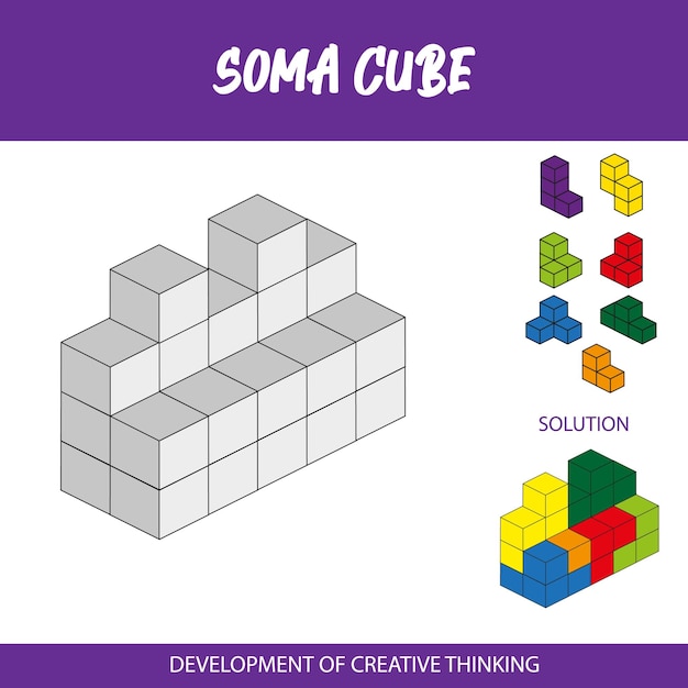 Un póster de soma cube muestra un cubo y una solución.