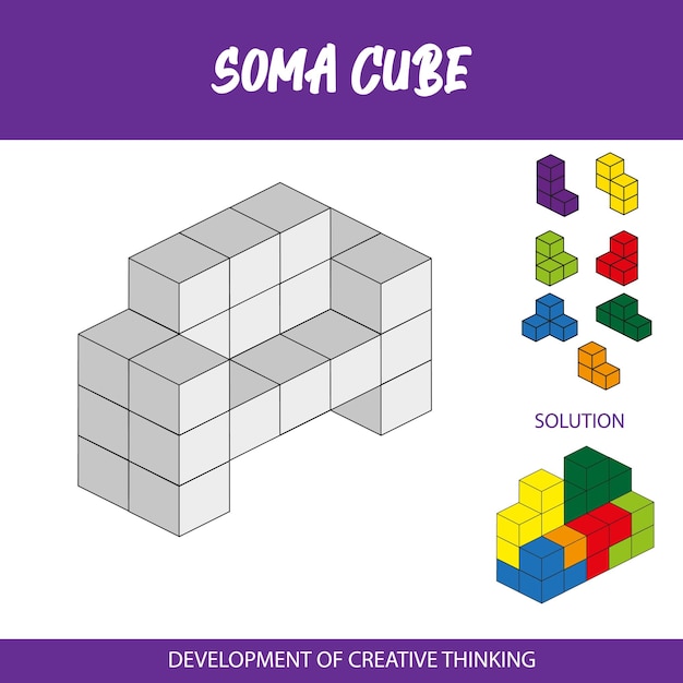 Vector un póster de soma cube muestra un cubo y una solución.