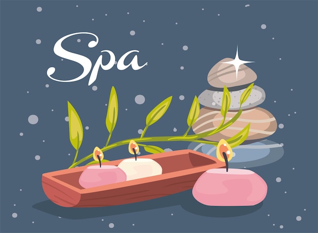 Vector póster de spa con piedras y velas aromáticas.