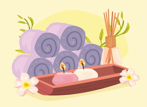 Vector póster de spa con toallas y velas.