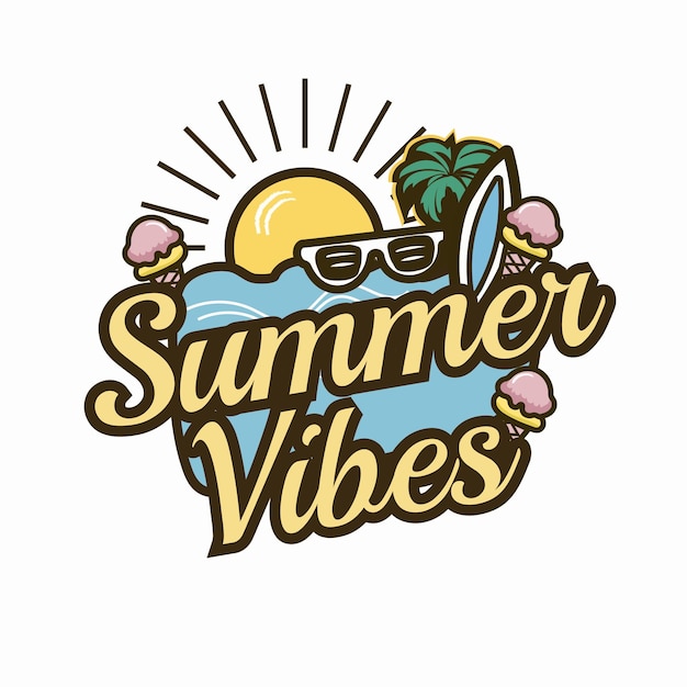 Poster de tipografía de vibraciones de verano con palmeras y sol para el diseño de la camiseta Ilustración vectorial