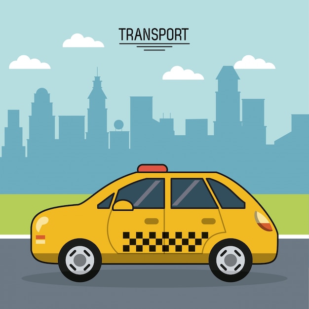 póster de transporte con taxi en las afueras de la ciudad