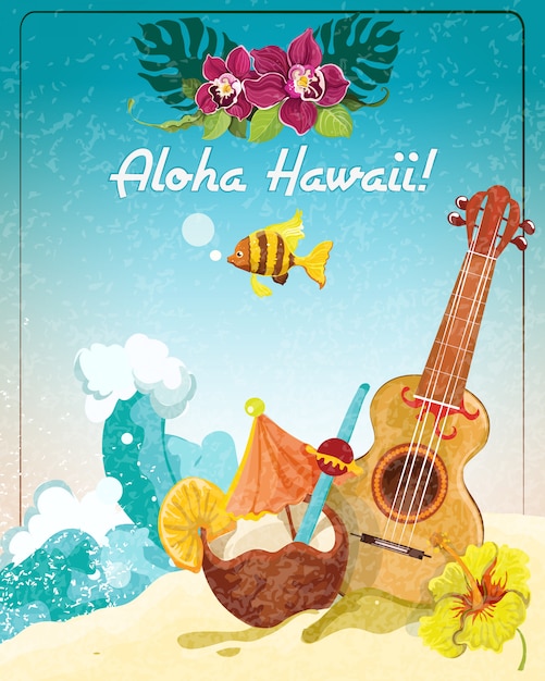 Vector póster de vacaciones de guitarra en hawaii