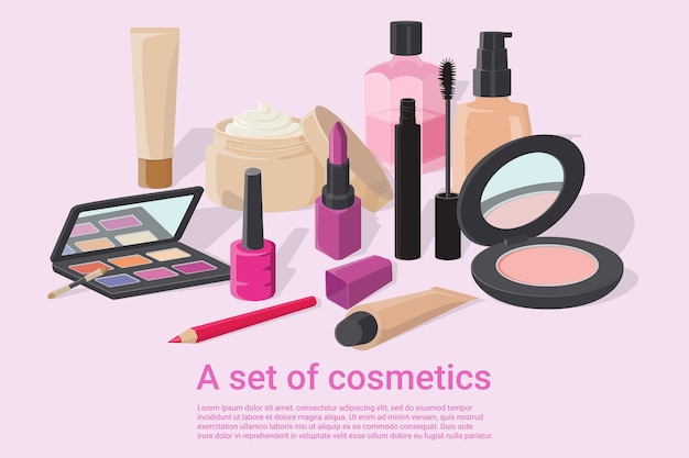 Un póster de una variedad de cosméticos Base de lápiz labial en polvo crema de noche rímel delineador de ojos