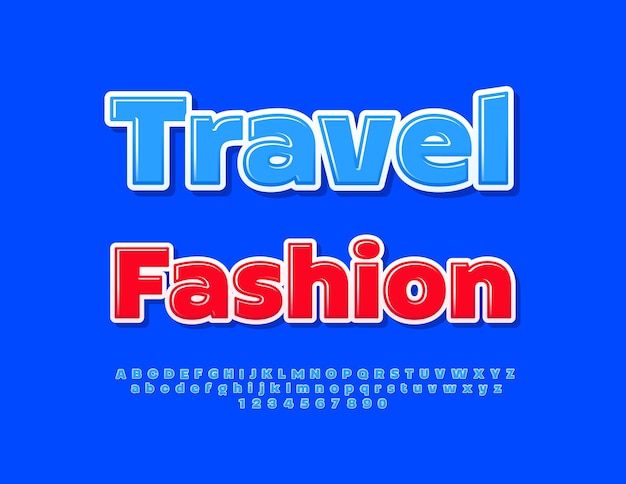 Vector poster vectorial de moda, moda de viajes, fuente azul moderna, alfabeto creativo, letras y números.